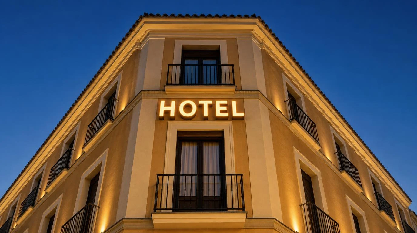 Светящаяся вывеска HOTEL на фасаде здания в центре испанского города в вечерних сумерках